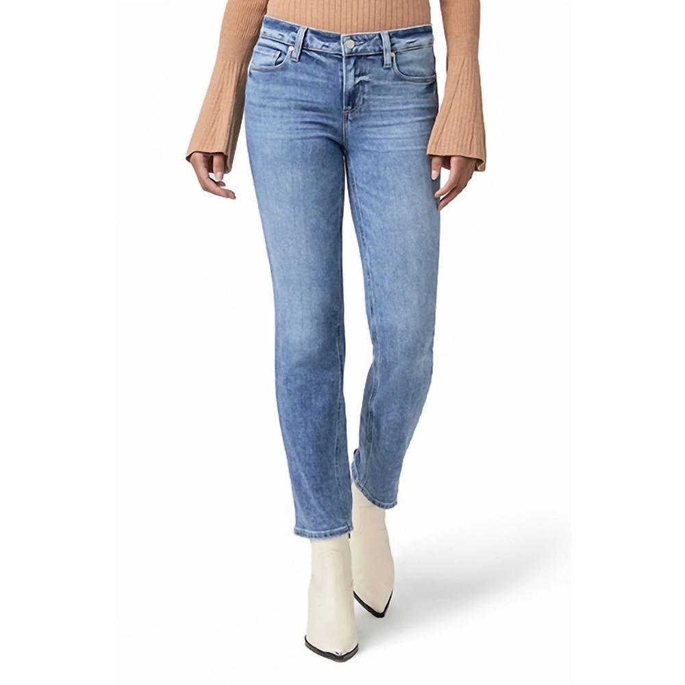 Paige Amber Mid Rise Straight Leg Medium Wash Distressed Denim Jean Sz 29